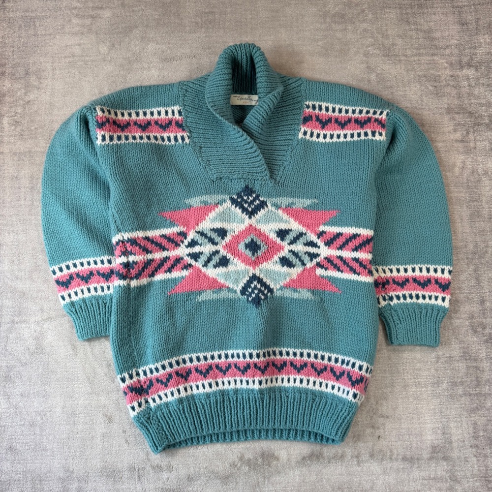 Vintage Handknit Sweater Women XL Teal Southwestern Aztec Shawl Knit Boho